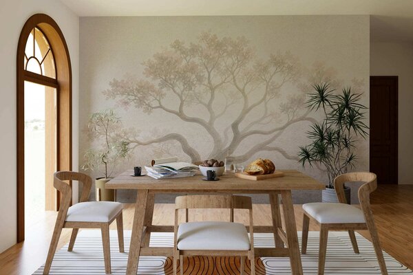 Carta da parati Paesaggio minimalista con alberi avvolti dalla nebbia, in tenui tonalità beige: un'opera, Carta da parati Natura, w05602 : Uwalls.it