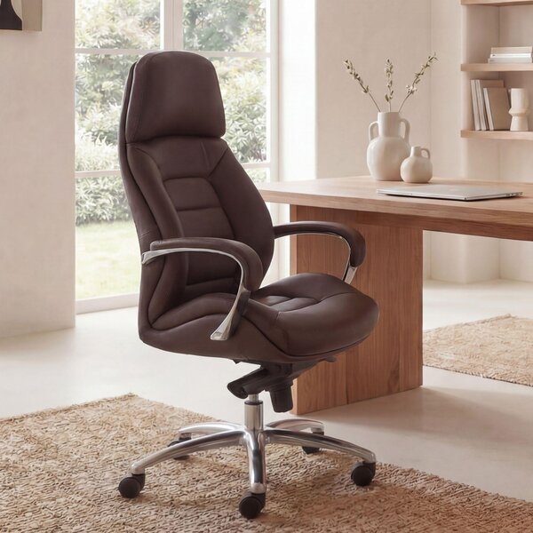 FineBuy: sedia da ufficio di design con rivestimento in vera pelle marrone, sedia da scrivania fino a 120 kg, poltrona direzionale XXL, regolabile in altezza, sedia girevole ergonomica con braccioli
