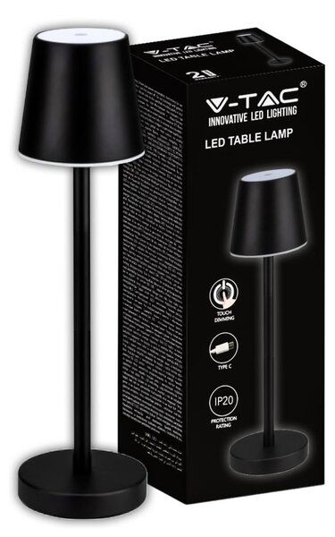 V-TAC Lampada LED da Tavolo 3W ricaricabile a batteria colore nero USB C Touch Dimmerabile 4000K luce tavolo ristorante da interno IP20 - 10194