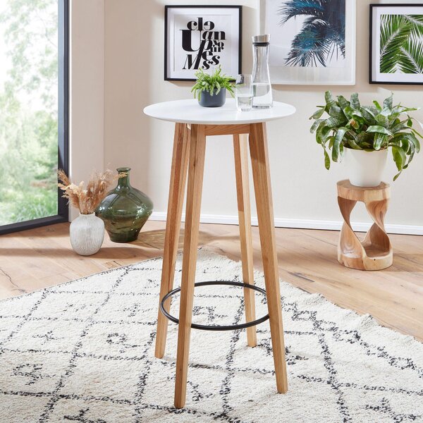 FineBuy Tavolo alto rotondo 60x110x60 cm Bianco Tavolo da bar per 4 persone Tavolo moderno da bar Tavolo da festa in legno Tavolo alto in rovere Stile scandinavo