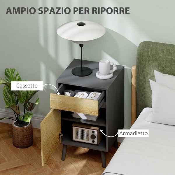 HOMCOM Comodino con Cassetto e Armadietto Moderno Senza Maniglie, 40x39x69 cm, Grigio Scuro e Legno | Aosom Italy