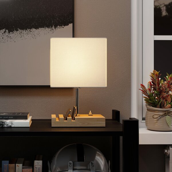 HOMCOM Lampada da Tavolo con Porte USB-A/C Tre Fessure per Telefoni Base in Legno e Paralume in Tessuto Bianco | Aosom Italy