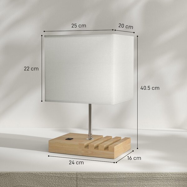 HOMCOM Lampada da Tavolo con Porte USB-A/C Tre Fessure per Telefoni Base in Legno e Paralume in Tessuto Bianco | Aosom Italy