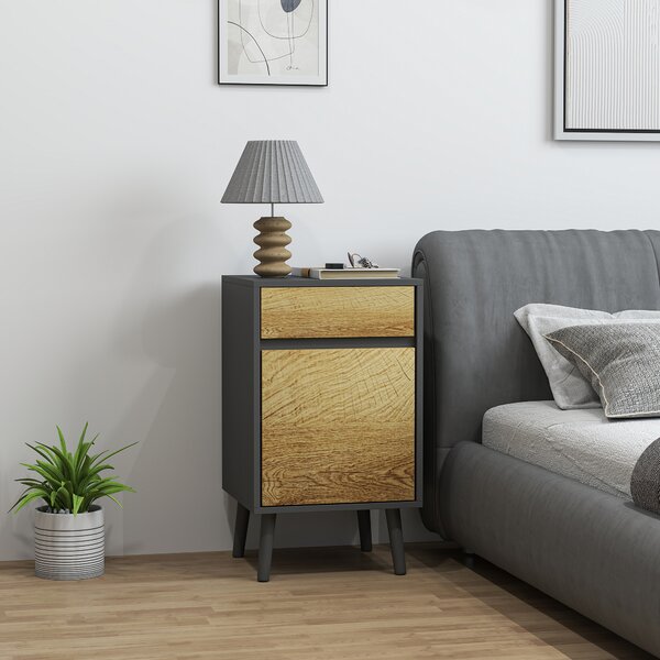 HOMCOM Comodino con Cassetto e Armadietto Moderno Senza Maniglie, 40x39x69 cm, Grigio Scuro e Legno | Aosom Italy