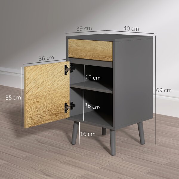 HOMCOM Comodino con Cassetto e Armadietto Moderno Senza Maniglie, 40x39x69 cm, Grigio Scuro e Legno | Aosom Italy