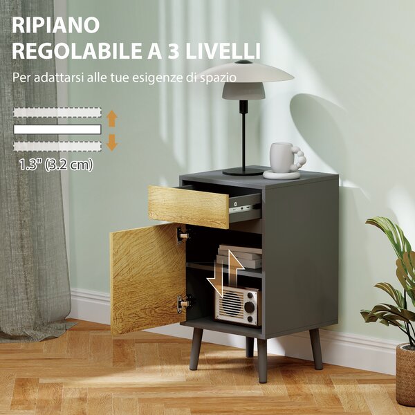 HOMCOM Comodino con Cassetto e Armadietto Moderno Senza Maniglie, 40x39x69 cm, Grigio Scuro e Legno | Aosom Italy