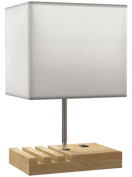 HOMCOM Lampada da Tavolo con Porte USB-A/C Tre Fessure per Telefoni Base in Legno e Paralume in Tessuto Bianco | Aosom Italy