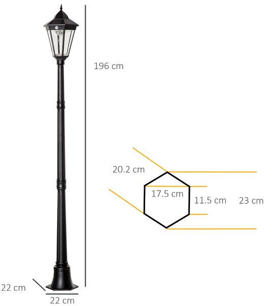 Outsunny Lampione Solare da Giardino con Luce LED e Sensore di Movimento, Alluminio e Vetro, 22x22x196 cm, Nero | Aosom Italy