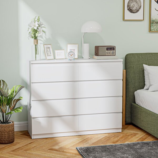 Cassettiera 8 Cassetti 120x39x100 cm con Maniglie Scanalate in Legno Bianco