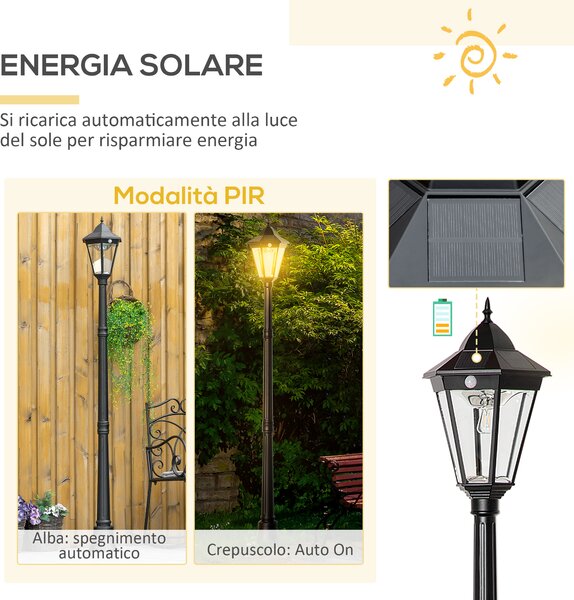 Outsunny Lampione Solare da Giardino con Luce LED e Sensore di Movimento, Alluminio e Vetro, 22x22x196 cm, Nero | Aosom Italy