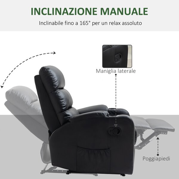 HOMCOM Poltrona Relax Reclinabile Manualmente a 165° con Poggiapiedi, Portabicchieri e Tasca in Finta Pelle, Nero | Aosom Italy