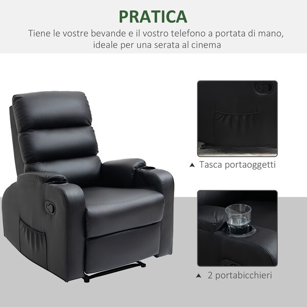 HOMCOM Poltrona Relax Reclinabile Manualmente a 165° con Poggiapiedi, Portabicchieri e Tasca in Finta Pelle, Nero | Aosom Italy