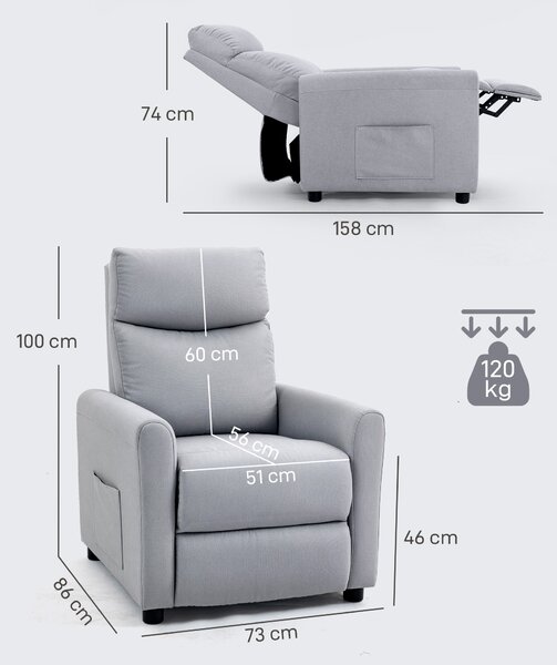 HOMCOM Poltrona Reclinabile 135° max in Tessuto Effetto Lino, Schiuma, Acciaio e Legno, 73x86x100 cm, Grigio Chiaro | Aosom Italy
