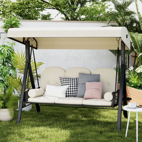 Outsunny Dondolo 3 Posti da Giardino in Metallo con Tetto Inclinabile e Cuscini Imbottiti, 208x120x172 cm, Beige | Aosom Italy