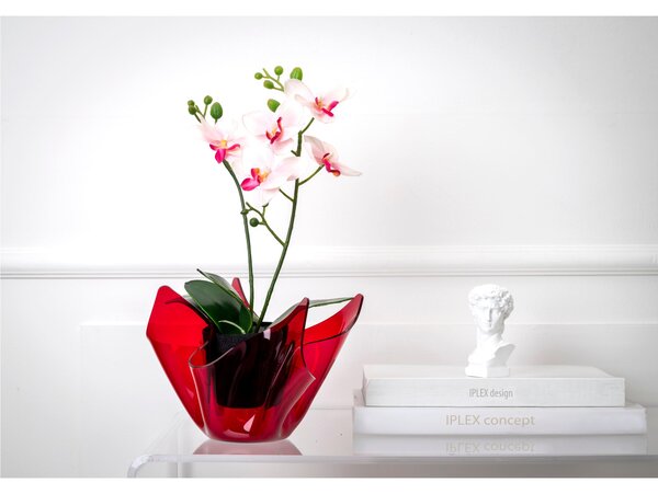 Vaso, Centrotavola, Forma Iconica in Plexiglass SLIM Linea Drappeggi D'AUTORE Dimensioni 22x21x h 21 cm - 0,5 kg Colore Rosso Trasparente