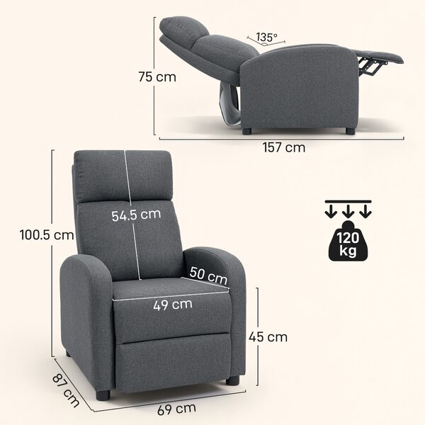 HOMCOM Poltrona Relax Imbottita e Reclinabile a 135° e Poggiapiedi in Tessuto, 69x87x100.5 cm, Grigio | Aosom Italy