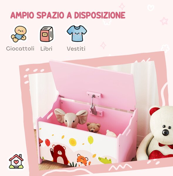 AIYAPLAY Baule Portagiochi per Bambini con Cerniere di Sicurezza in Legno con Disegni di Animali, 60x37x39 cm, Rosa | Aosom Italy