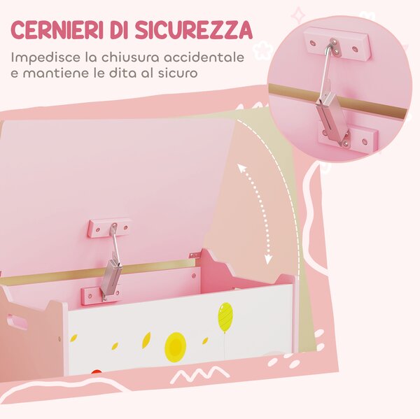AIYAPLAY Baule Portagiochi per Bambini con Cerniere di Sicurezza in Legno con Disegni di Animali, 60x37x39 cm, Rosa | Aosom Italy