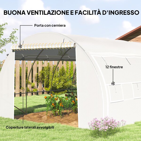 Outsunny Serra a Tunnel con Porta, Pannelli e 8 Finestre Avvolgibili, in Acciaio Zincato e PE, 3.97x3x2 m, Bianco | Aosom Italy