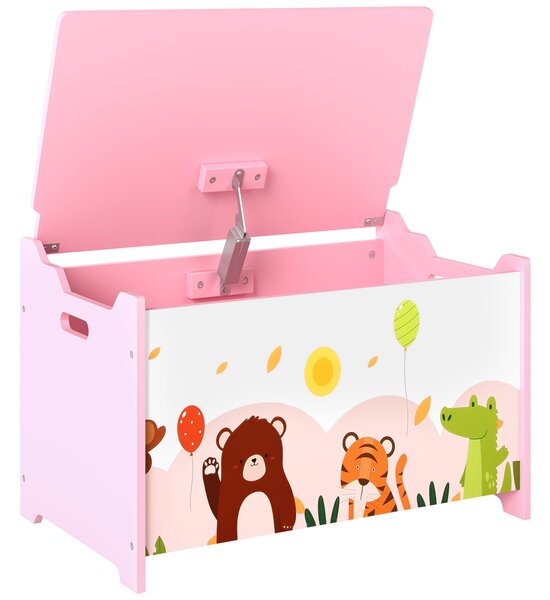 AIYAPLAY Baule Portagiochi per Bambini con Cerniere di Sicurezza in Legno con Disegni di Animali, 60x37x39 cm, Rosa | Aosom Italy