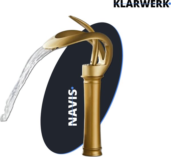 NAVIS | Rubinetto a cascata di design per bagno oro opaco miscelatore alto per bagno|Elegante miscelatore premium in acciaio inox per lavabi alti|Miscelatore 2 attacchi