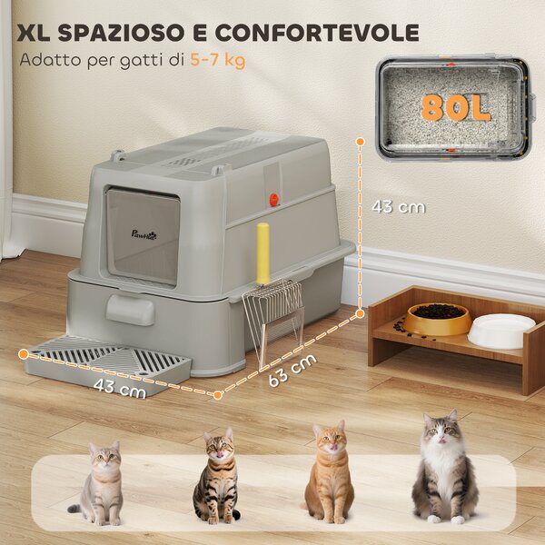 PawHut Lettiera per Gatti Chiusa da 80L con Vassoio Estraibile, in ABS e Acciaio Inox, 63x43x43 cm, Grigio Chiaro | Aosom Italy