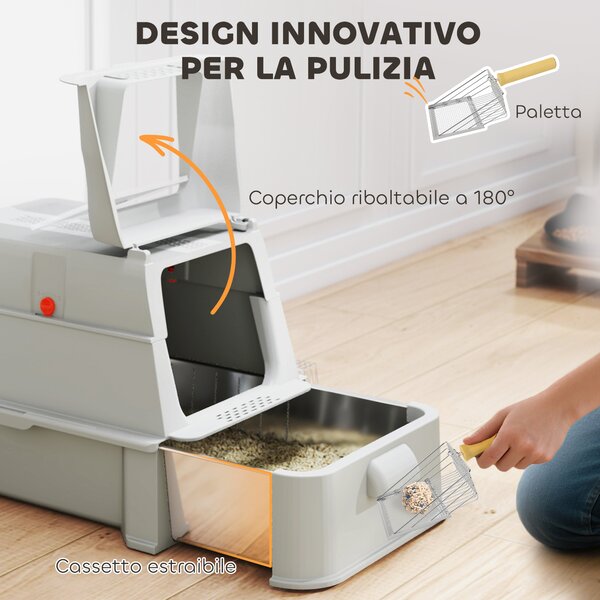 PawHut Lettiera per Gatti Chiusa da 80L con Vassoio Estraibile, in ABS e Acciaio Inox, 63x43x43 cm, Grigio Chiaro | Aosom Italy