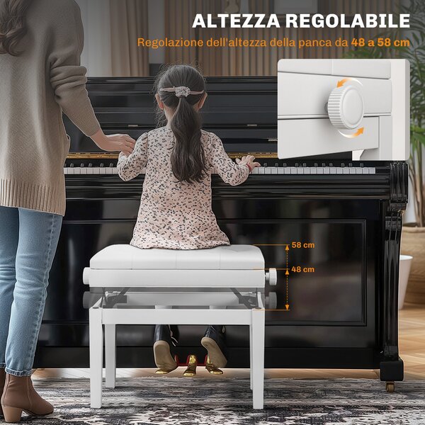 HOMCOM Sgabello Pianoforte Regolabile con Vano Portaoggetti e Seduta Imbottita, 54.5x33x48-58 cm, Bianco | Aosom Italy