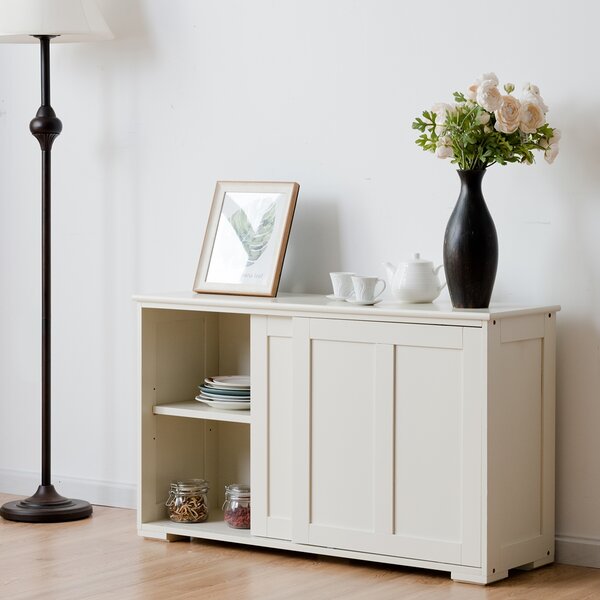 Costway Armadietto da cucina a due porte scorrevoli Mobiletto in legno per bagno 106,7x33x60cm Beige