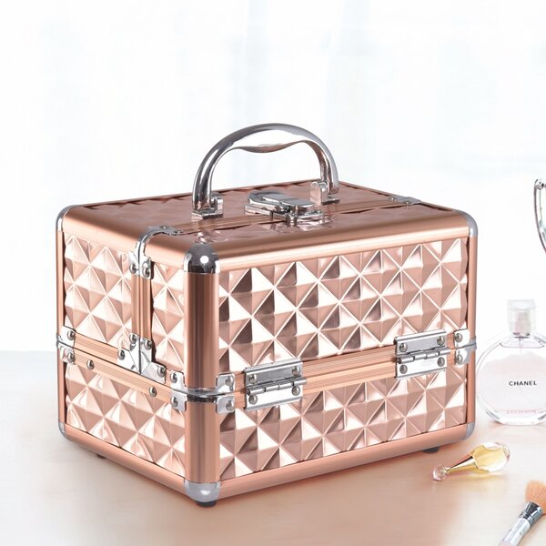 Costway Caso cosmetico professionale con specchio Cosmetici caso del treno multiuso 23x15x18cm Oro rosa