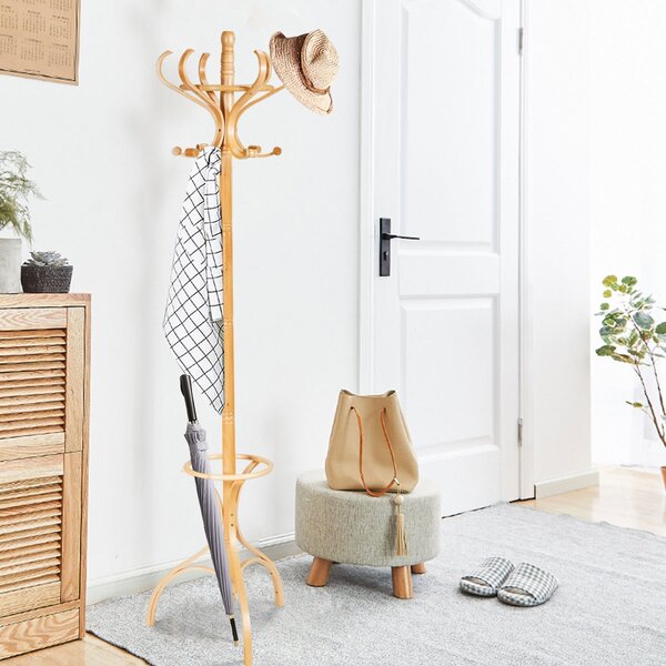 Costway Appendiabiti da terra in legno con 12 ganci girevoli Appendi cappotti con portaombrelli da Ingresso 182x48x48cm Legno naturale