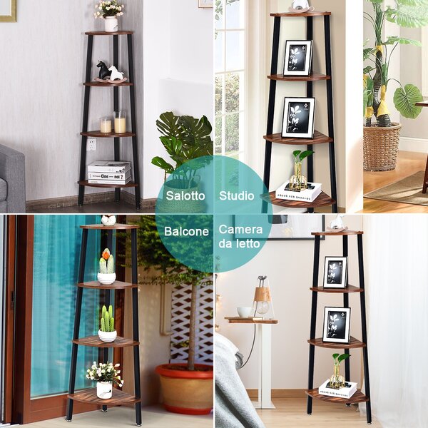Costway Scaffale angolare a 4 livelli in legno e metallo, Stand per libri in stile industriale per ufficio domestico, 35x35x125cm Marrone
