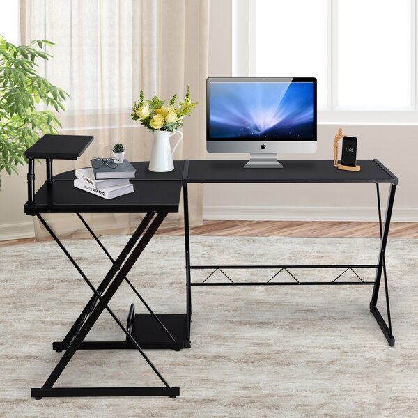 Costway Scrivania angolare a forma di L, Scrivania 147 x 112 cm per computer con alzata per monitor Nero