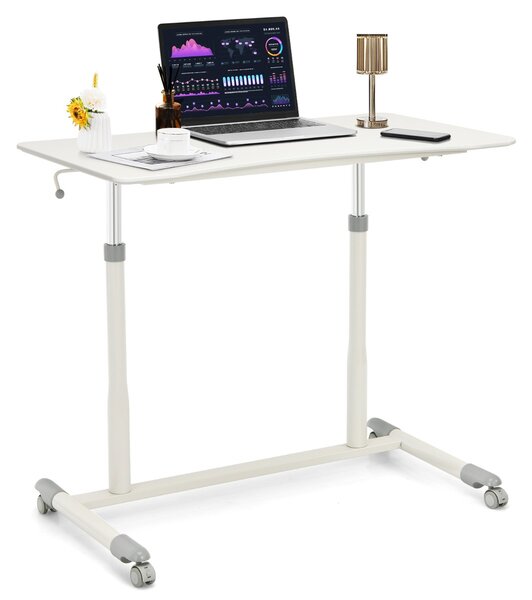 Costway Scrivania con 4 ruote e altezza regolabile, Tavolo per computer con struttura in tubi di ferro Bianco