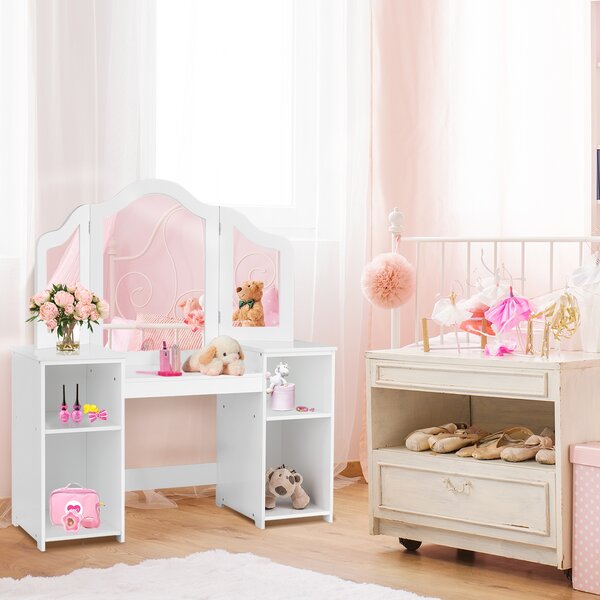 Costway Toeletta design smontabile 2 in 1 per bambini, Toeletta make-up principessa con 4 mensole grandi e specchio Bianco