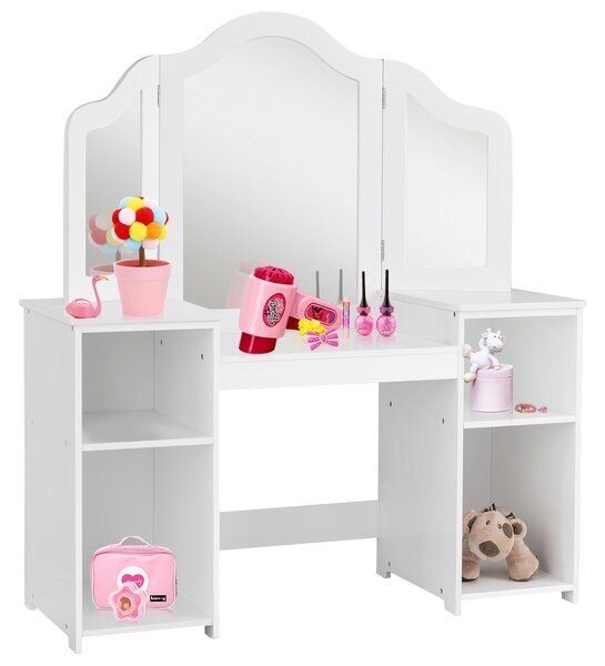 Costway Toeletta design smontabile 2 in 1 per bambini, Toeletta make-up principessa con 4 mensole grandi e specchio Bianco