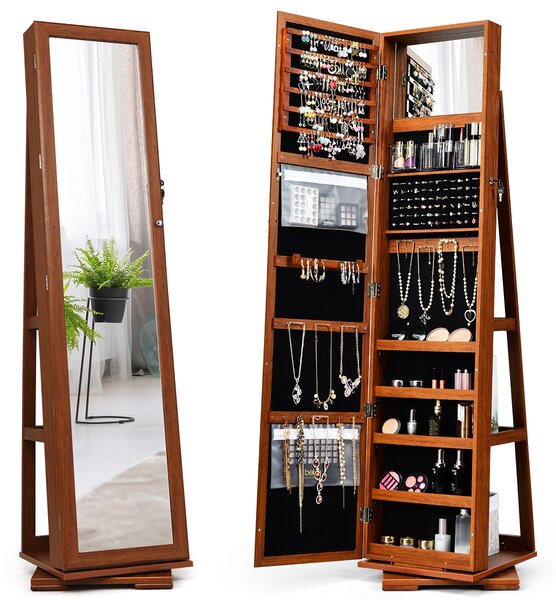 Costway Armadio portagioielli girevole a 360° con specchio, Organizer gioielli 2 in 1 a figura intera, Marrone
