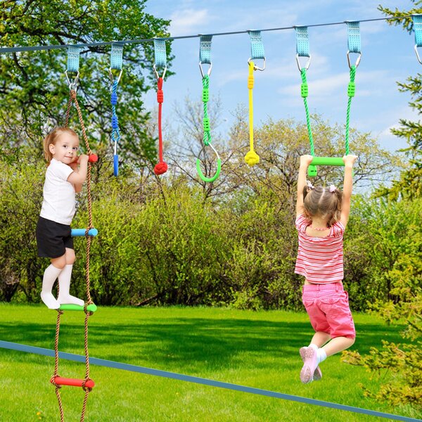 Costway Kit corsa a ostacoli ninja per bambini con slackline doppia e ganci, Attrezzatura per corsa a ostacoli con fibbie