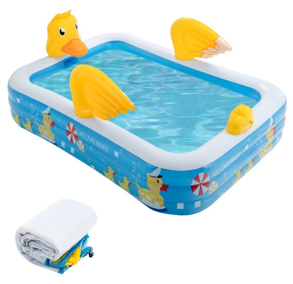 Costway Piscina gonfiabile per bambini con tema papera, Piscina grande da esterno con spruzzo per cortile giardino Blu