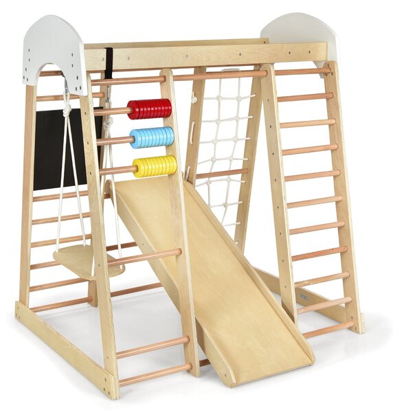 Costway Set arrampicata 8 in 1 per bambini con abaco e altalena, Set arrampicata di legno con scivolo e scala Naturale
