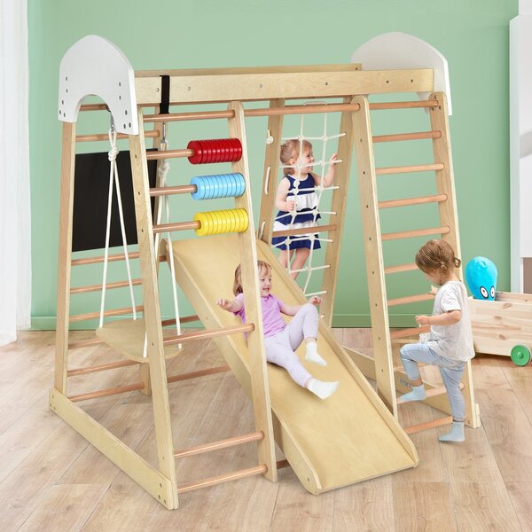 Costway Set arrampicata 8 in 1 per bambini con abaco e altalena, Set arrampicata di legno con scivolo e scala Naturale