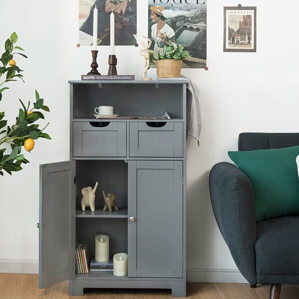 Costway Armadio del bagno con una mensola aperta, Credenza per cucina con 2 ante e 2 cassetti Grigio