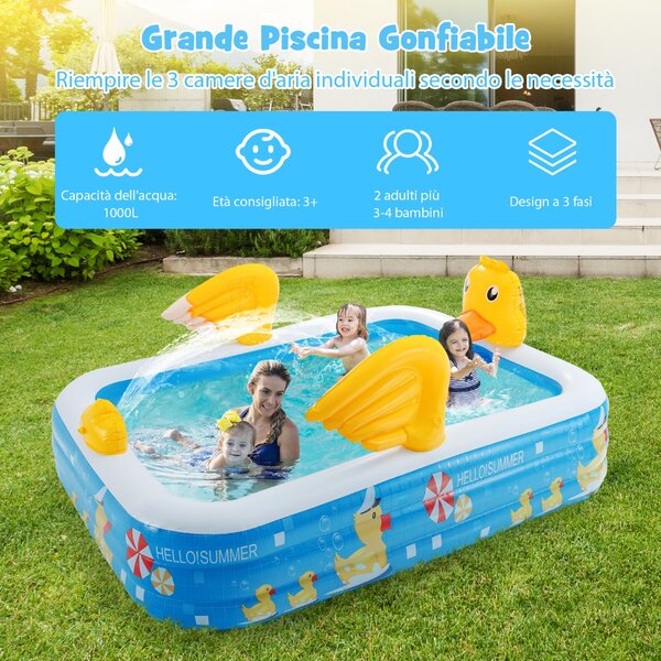 Costway Piscina gonfiabile per bambini con tema papera, Piscina grande da esterno con spruzzo per cortile giardino Blu