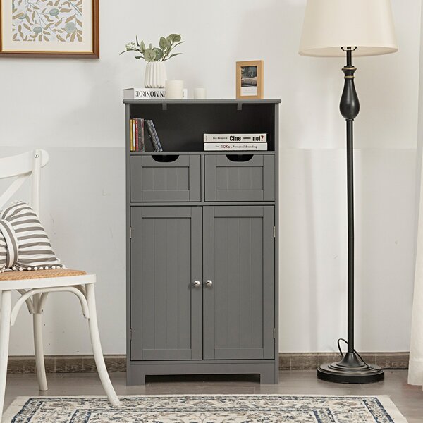 Costway Armadio del bagno con una mensola aperta, Credenza per cucina con 2 ante e 2 cassetti Grigio