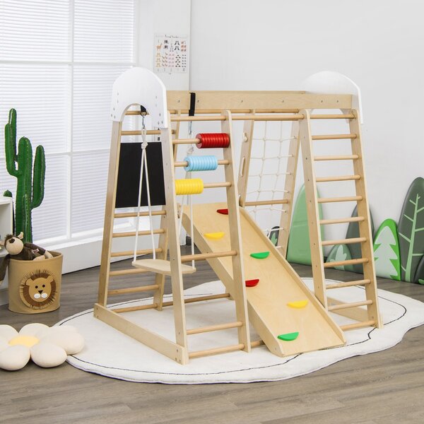 Costway Set arrampicata 8 in 1 per bambini con abaco e altalena, Set arrampicata di legno con scivolo e scala Naturale