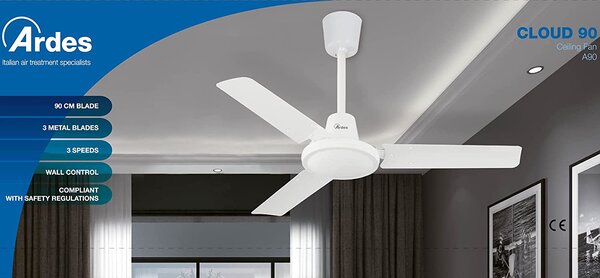 Ardes Ventilatore da Soffitto 3 Pale Diametro 90 cm 5 Velocit colore Bianco - 5A90 Cloud Decor