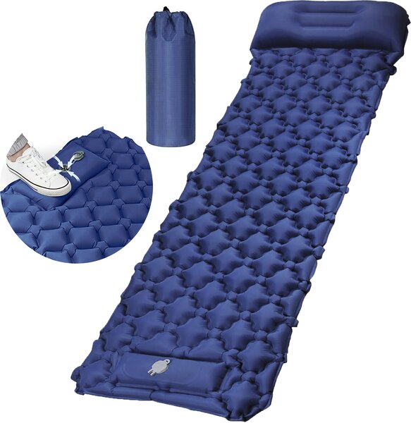 Materasso autogonfiabile da campeggio, materasso gonfiabile da 6 cm con pompa a pedale, blu navy, materasso ad aria ultraleggero e impermeabile