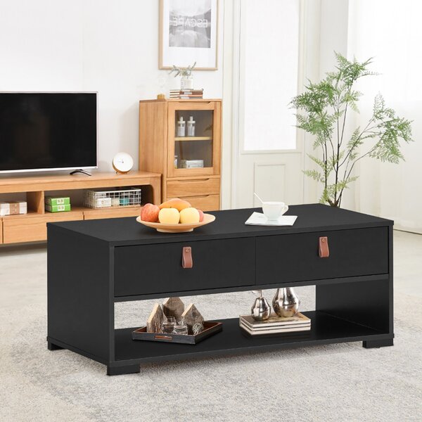 Costway Tavolino da caffè industriale con 2 cassetti e ripiano aperto per il soggiorno, Tavolo rettangolare in legno Nero