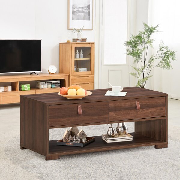 Costway Tavolino da caffè industriale con 2 cassetti e ripiano aperto per il soggiorno, Tavolo rettangolare in legno Noce