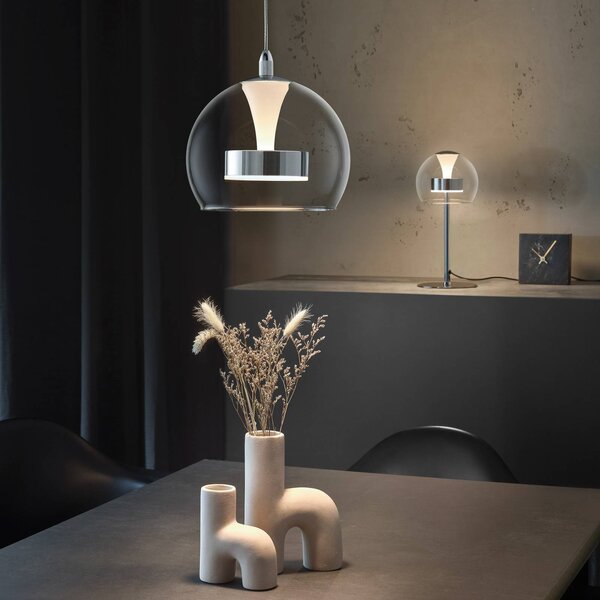 Trio Lighting Lampada LED a sospensione Flynt, Ø 20 cm, color cromo, metallo/vetro, CCT dimmerabile, Cromo / Argento, Soggiorno / Sala da pranzo, Metallo, Moderno